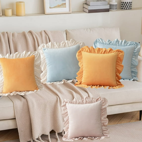 Holland Velvet Decorative Lumbar Pillow Cushion | Flock Fabric | Soft Support Back Cushion | 45x45cm | Throw Pillow for Sofa Bed Couch Floor | Pink Yellow Blue | Removable Zipper Cover