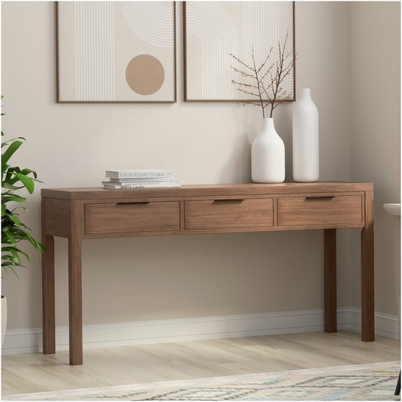 Hollander Wide Pine Console Table, Saddle Brown Finish for Entryway or Behind Sofa