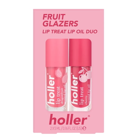 Holler Fruit Glazers Lip Treat Lip Oil Duo, Cherry & Dragon Fruit Flavors, 2 Piece Gift Set