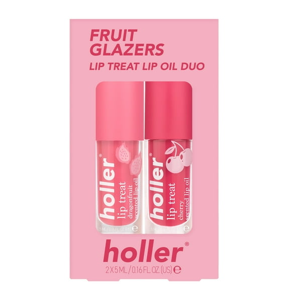 Holler Fruit Glazers Lip Treat Lip Oil Duo, Cherry & Dragon Fruit Flavors, 2 Piece Gift Set
