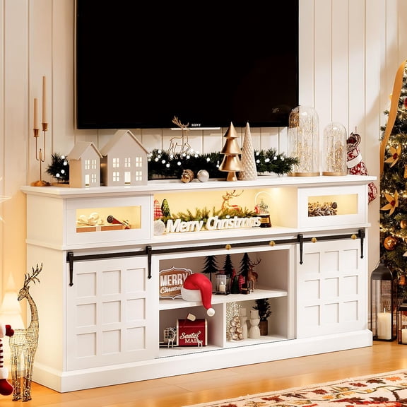 HolliWill 70 Farmhouse TV Stand with Outlets for 80 inch tv, LED Entertainment Center with Storage Cabinets and Sliding Barn Doors, TV Media Console Table for Living Room, White