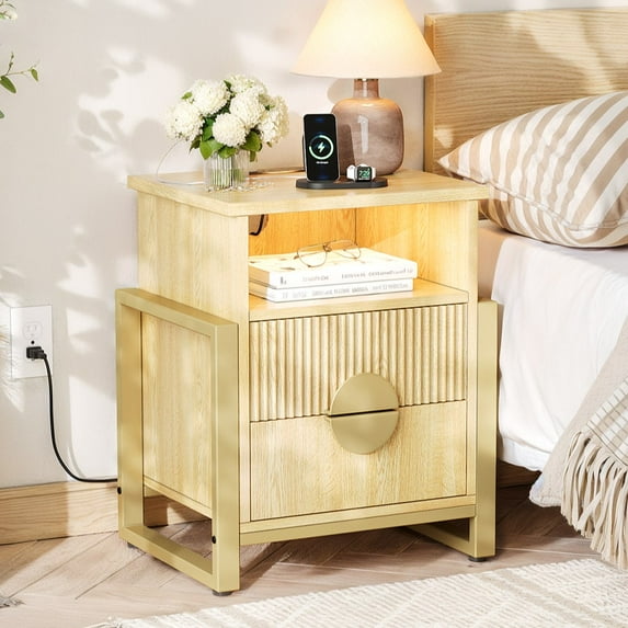 Holliwill Nightstand with Charging Station, 2 Drawer Dresser for Bedroom with LED Light, Fluted Bedside Table End Table Side Table for Living Room, Oak