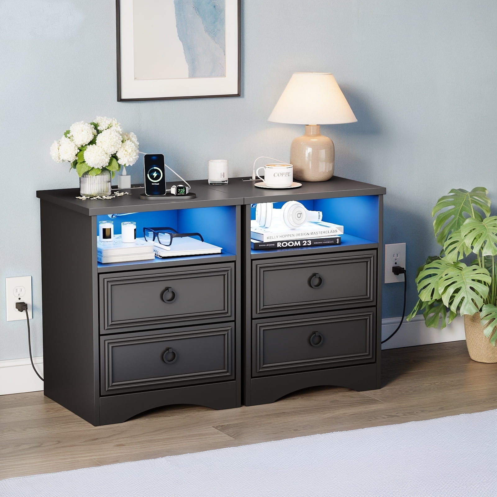 Holliwill Nightstand Set of 2 with Outlets & USB Ports & LED Lights, Modern Farmhouse Bedside Tables with 2 Drawer, Bed Side Tables End Table for Bedroom, Living Room, Black