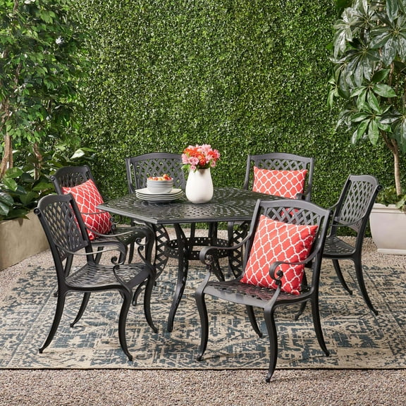 Holliday 7-piece Cast Aluminum Outdoor Dining Set, Black Sand