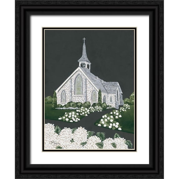 Hollihocks Art 12x14 Black Ornate Wood Framed with Double Matting Museum Art Print Titled - White Church