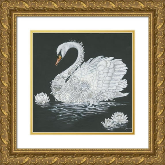 Hollihocks Art 15x15 Gold Ornate Wood Framed with Double Matting Museum Art Print Titled - Leni the Swan