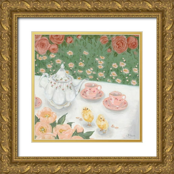 Hollihocks Art 26x26 Gold Ornate Wood Framed with Double Matting Museum Art Print Titled - Tea Party