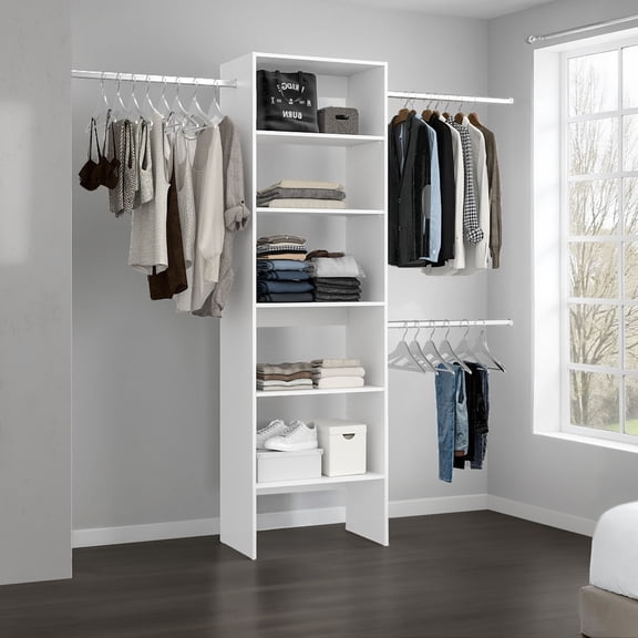 Hollis Modular Closet System with Open Shelves, Dual Hanging Rods and Vertical Storage Design, White