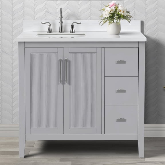 Hollister 36" Single Bathroom Vanity, 37" W x 22" D x 34.5" H, Sintered Stone Carrara Top with Sink & Backsplash, Muse Gray Solid Wood Cabinet, Pre-Assembled, Soft-Closing Drawers & Doors