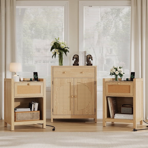Holliwill 3 Pieces Farmhouse Bedroom Set, Rattan Nightstand Set of 2 and Storage Cabinet, Natural Oak