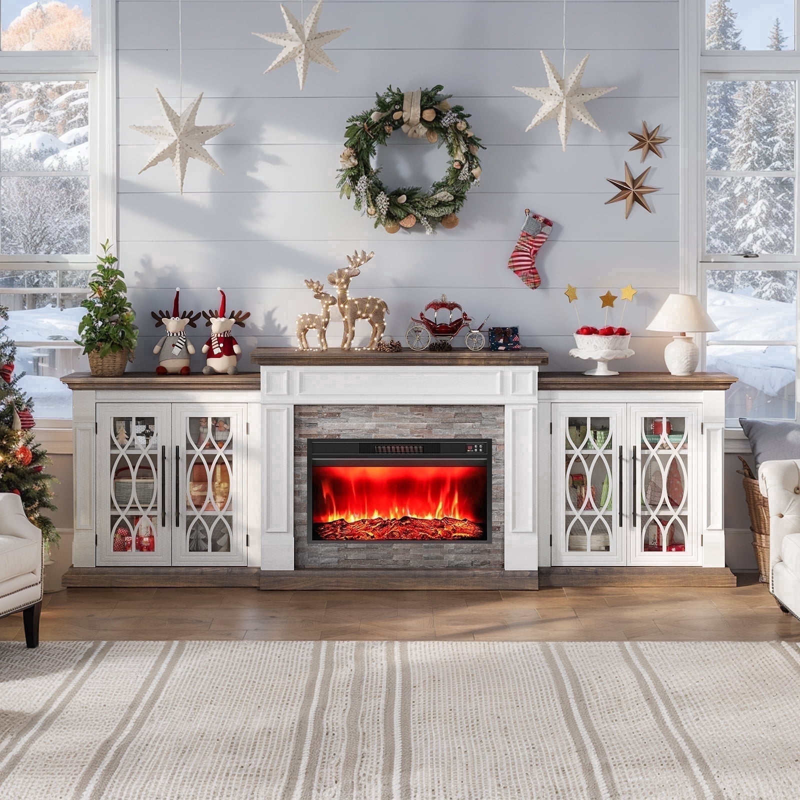 Holliwill 104" TV Stand with 30" Electric Fireplace, Modern Farmhouse Entertainment Center with Storage Cabinet for Living Room, White & Brown