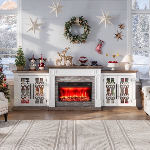 Holliwill 104" TV Stand with 30" Electric Fireplace, Modern Farmhouse Entertainment Center with Storage Cabinet for Living Room, White & Brown