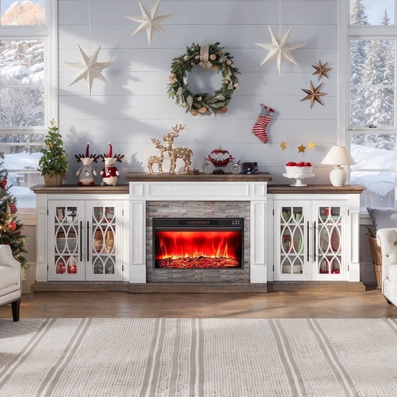 Holliwill 104" TV Stand with 30" Electric Fireplace, Modern Farmhouse Entertainment Center with Storage Cabinet for Living Room, White & Brown