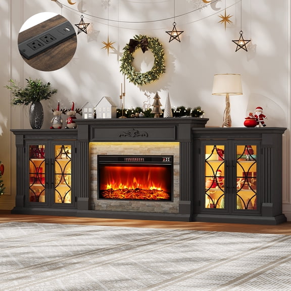 Holliwill 104" Fireplace TV Stand with 30" Electric Fireplace & LED Lights & Charging Station, 3 in 1 Modular Entertainment Center for Living Room, Black