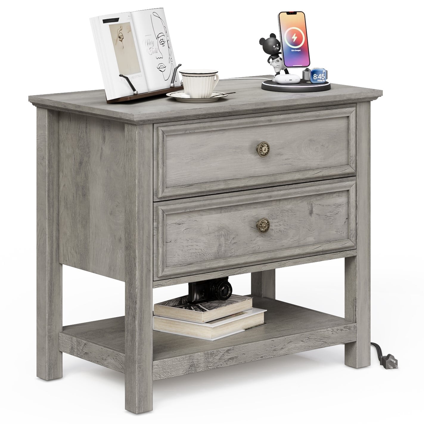 Holliwill 2 Drawer Dressers for Bedroom with Charging Station, Modern Wood Chest of Drawers with Open Storage for Living Room, Hallway, Gray