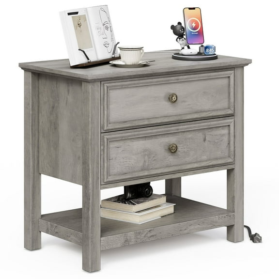 Holliwill 2 Drawer Dressers for Bedroom with Charging Station, Modern Wood Chest of Drawers with Open Storage for Living Room, Hallway, Gray