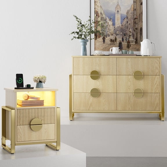Holliwill 2-Piece Dresser Nightstand Set, Modern Bedroom Furniture Set, Wide 6 Drawer Dresser & 2 Drawer Nightstands with Outlets LED Lights, Fluted Wood Chest of Drawers for Bedroom, Oak & Gold