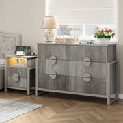 Holliwill 2-Piece Dresser Nightstand Set, Modern Bedroom Furniture Set Wide 6 Drawer Dresser & 2 Drawer Nightstands with Outlets LED Lights, Fluted Wood Chest of Drawers for Bedroom, Gray
