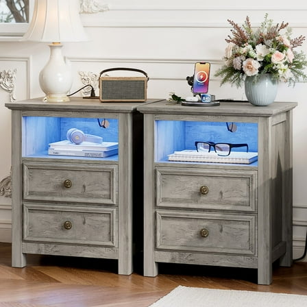 Holliwill 25" Tall Nightstand Set of 2 with Charging Station & LED Lights, Farmhouse Nightstands with 2 Drawers and Open Storage, End Table Bedside Table for Bedroom Living Room, Gray
