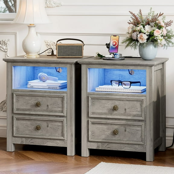 Holliwill 25" Tall Nightstand Set of 2 with Charging Station & LED Lights, Farmhouse Nightstands with 2 Drawers and Open Storage, End Table Bedside Table for Bedroom Living Room, Gray