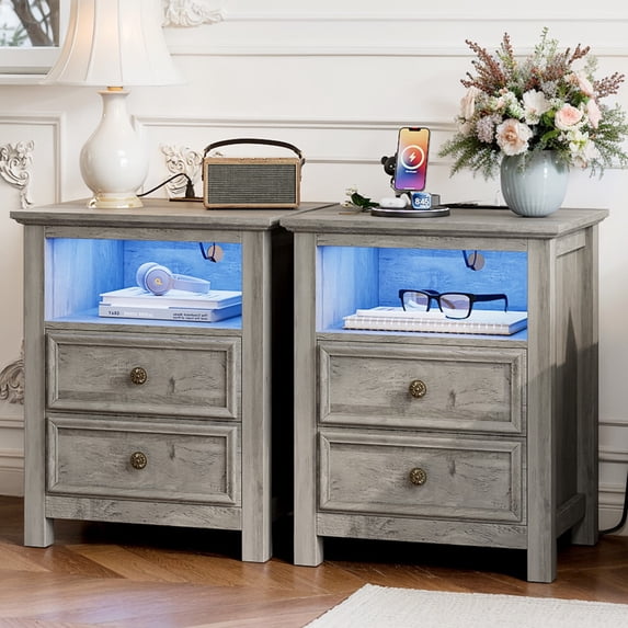 Holliwill 25" Tall Nightstand Set of 2 with Charging Station & LED Lights, Farmhouse Nightstands with 2 Drawers and Open Storage, End Table Bedside Table for Bedroom Living Room, Gray