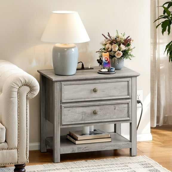 Holliwill 26.7" Wide Nightstand with Charging Station, Farmhouse Nightstands with 2 Drawers and Open Storage, End Table Bedside Table for Bedroom Living Room, Gray