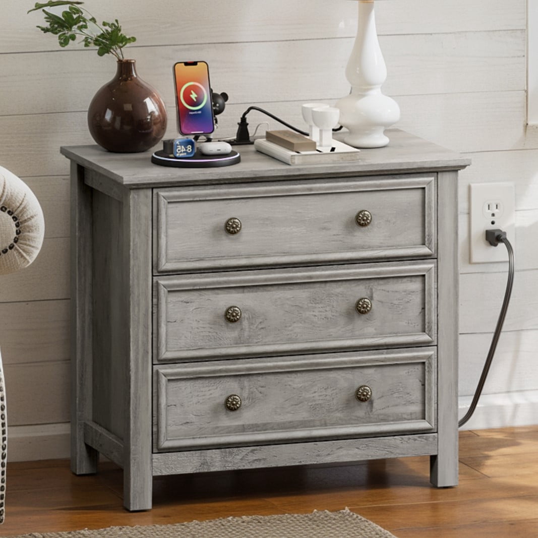 Holliwill 3 Drawers Nightstand with Charging Station, 26.7" Wide Farmhouse Nightstands, Bedside Table End Table for Bedroom Living Room, Gray
