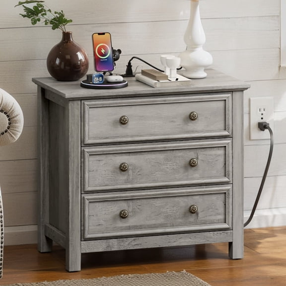Holliwill 3 Drawers Nightstand with Charging Station, 26.7" Wide Farmhouse Nightstands, Bedside Table End Table for Bedroom Living Room, Gray