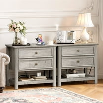 Holliwill 26.7" Wide Nightstand Set of 2 with Charging Station, Farmhouse Nightstands with 2 Drawers and Open Storage, End Table Bedside Table for Bedroom Living Room, Gray