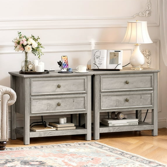 Holliwill 26.7" Wide Nightstand Set of 2 with Charging Station, Farmhouse Nightstands with 2 Drawers and Open Storage, End Table Bedside Table for Bedroom Living Room, Gray