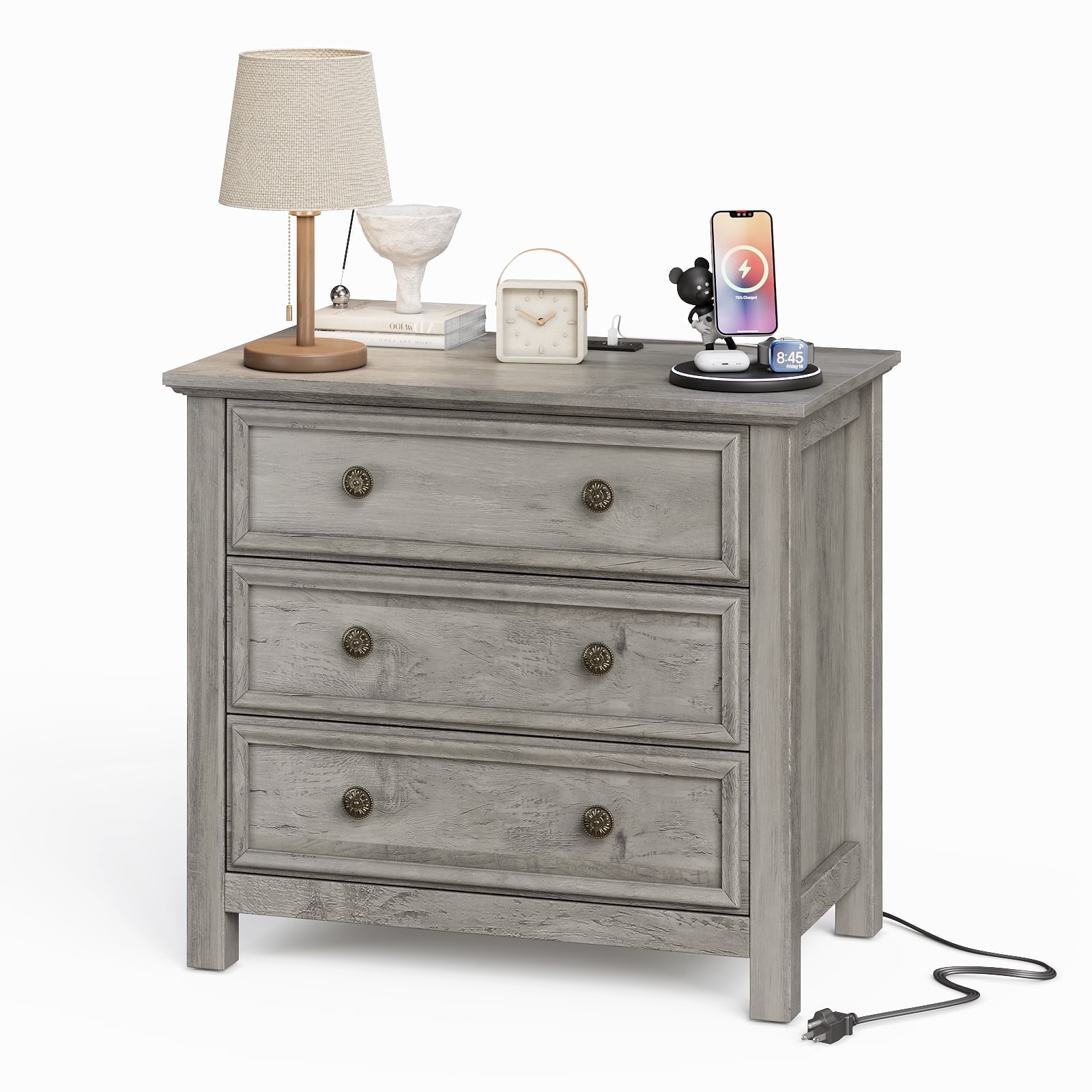 Holliwill 3 Drawer Dressers for Bedroom with Charging Station, Modern Wood Chest of Drawers for Living Room, Hallway, Gray