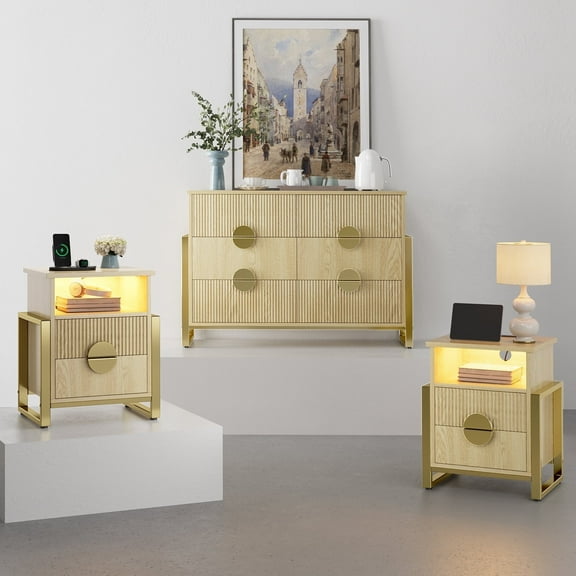 Holliwill 3-Piece Dresser Nightstand Set, Modern Bedroom Furniture Set, Wide 6 Drawer Dresser & 2 Drawer Nightstands with Outlets LED Lights, Fluted Wood Chest of Drawers for Bedroom, Oak & Gold