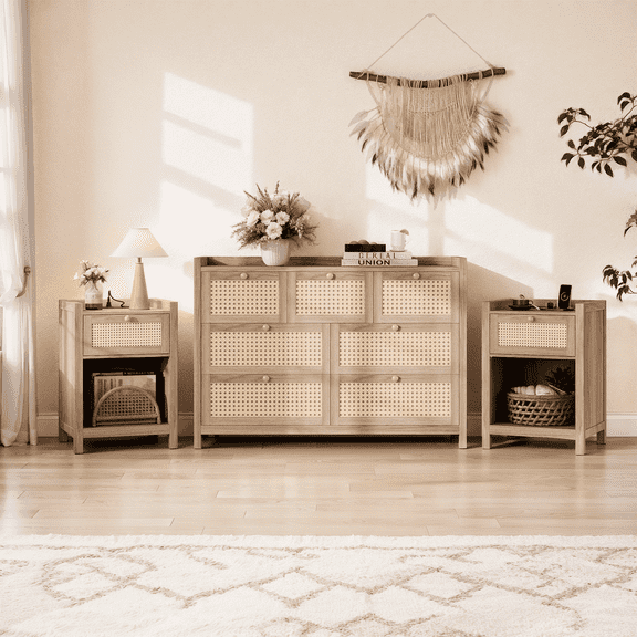 Holliwill 3 Pieces Bedroom Furniture Set, Rattan 7-Drawer Dresser and Nightstand Set with Charging Station, Chest of Drawers for Bedroom, Natural Oak