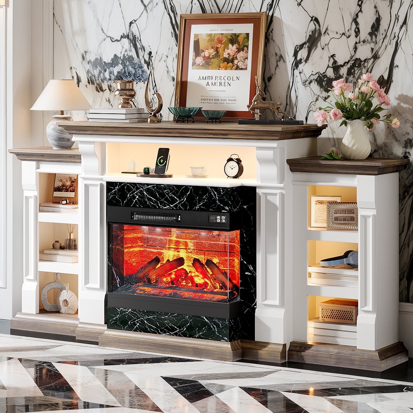 Holliwill 3-Sided Glass Farmhouse 72" Fireplace TV Stand for TVs up to 80", Electric Fireplace with Mantel, TV Console with Charging Station & LED Lights for Living Room, White Brown