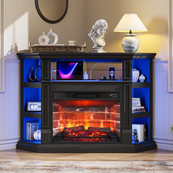 Holliwill 47" Corner Fireplace TV Stand with Storage, LED & Outlet, Modern Farmhouse TV Stand with 23" Electric Fireplace, Black(Red Brick)