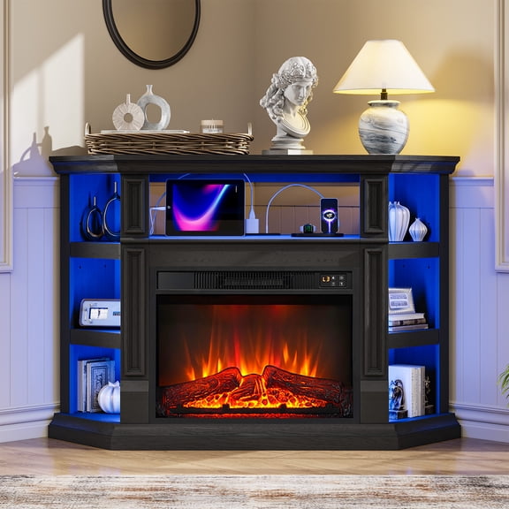 Holliwill 47" Corner Fireplace TV Stand with Storage, LED & Outlet, Modern Farmhouse TV Stand with 23" Electric Fireplace, Black