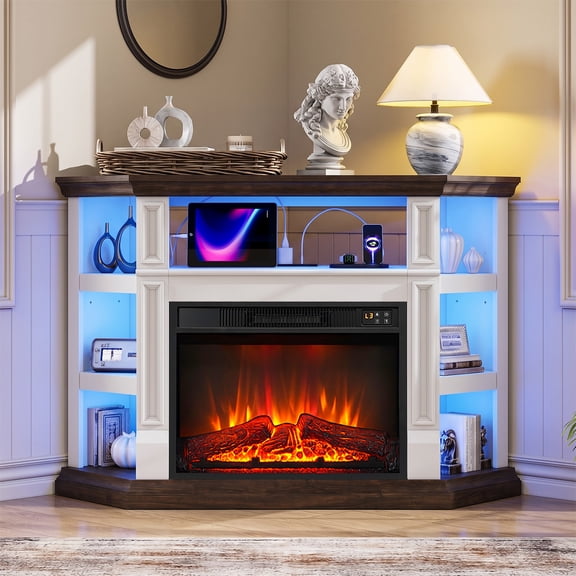 Holliwill 47" Corner Fireplace TV Stand with Storage, LED & Outlet, Modern Farmhouse TV Stand with 23" Electric Fireplace, White & Brown
