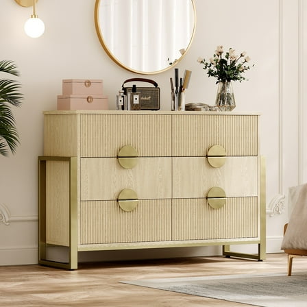 Holliwill 6 Drawer Dresser for Bedroom, Fluted Dresser Chest of Drawers for Living Room, Hallway, Oak