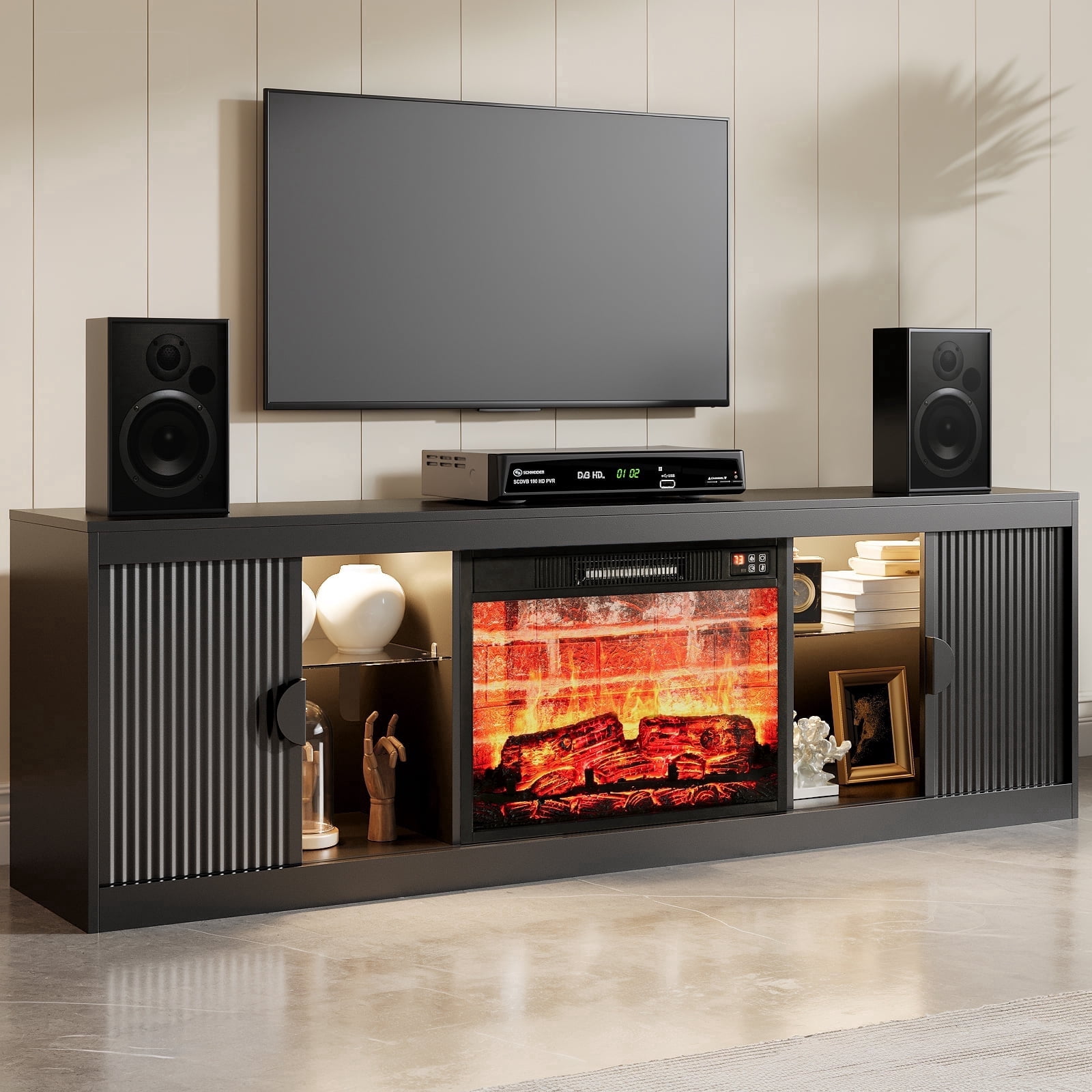 Holliwill 70" Fireplace TV Stand for TVs up to 80" with LED Lights, Fluted Modern Entertainment Center with 23" Red Brick Electric Heater TV Console with Sliding Door for Living Room, Black