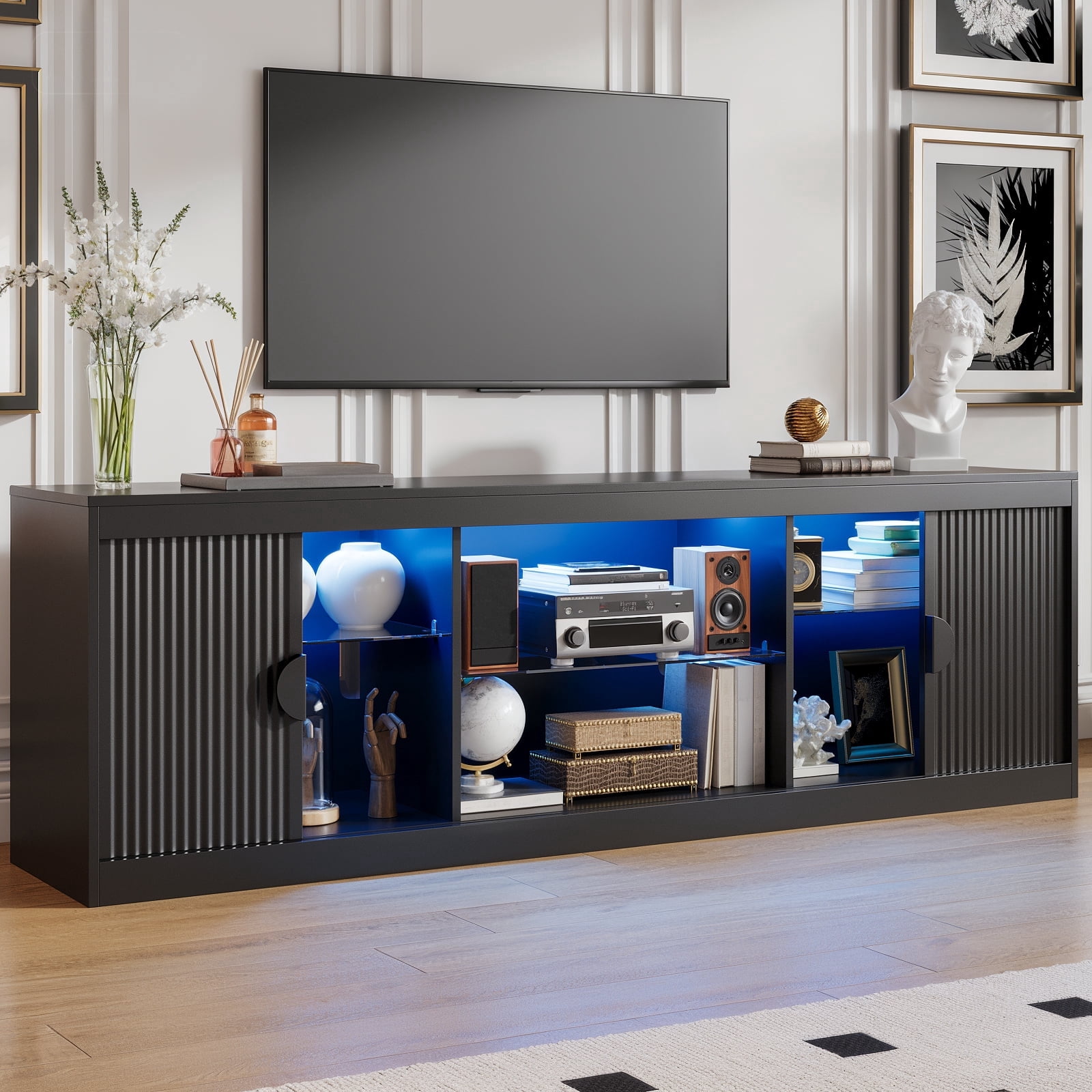 Holliwill 70" TV Stand for TVs up to 80" with LED Lights, Fluted Modern Entertainment Center TV Console with Sliding Door for Living Room, Black