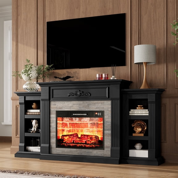 Holliwill 72" Electric Fireplace with Mantel, Farmhouse TV Stand for TVs up to 80", Entertainment Center with 23" Fireplace Insert Heater for Living Room, Bedroom, Black(Red Brick)