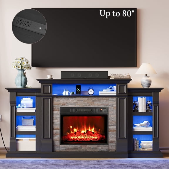 Holliwill 72" TV Stand for TVs up to 80" with Charging Station & LED Light, Electric Fireplace with Mantel, Entertainment Center with 23" Electric Heater, Black
