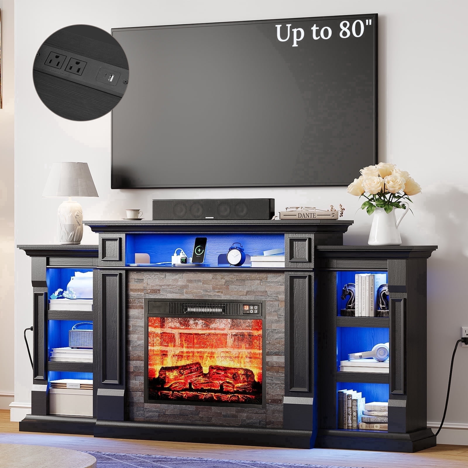 Holliwill 72" TV Stand for TVs up to 80" with Charging Station & LED Light, Electric Fireplace with Mantel, Entertainment Center with 23" Red Brick Electric Heater, Black