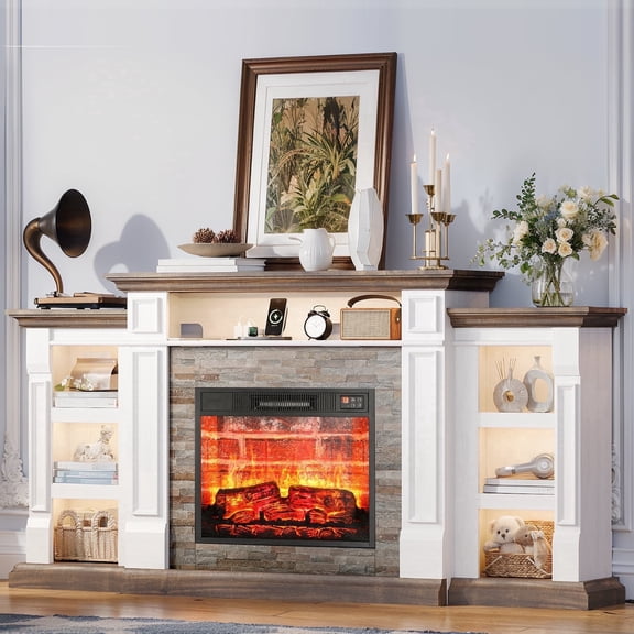 Holliwill 72" TV Stand for TVs up to 80" with Charging Station & LED Light, Electric Fireplace with Mantel, Entertainment Center with 23" Red Brick Electric Heater, White Brown