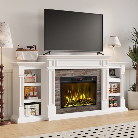 Holliwill 80" Electric Fireplace with Mantel, Modern Farmhouse TV Stand for TVs up to 90" with 30" Colorful Insert Heater, White
