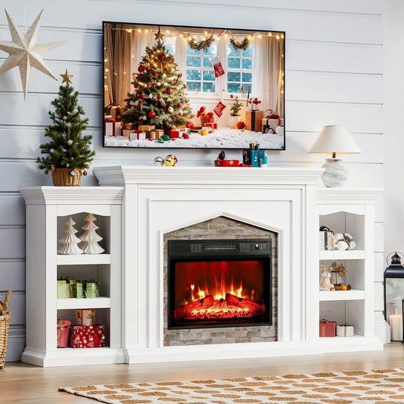 Holliwill 80" Electric Fireplace with Mantel for Living Room, Modern Farmhouse TV Stand for TVs up to 90" with Storage, White