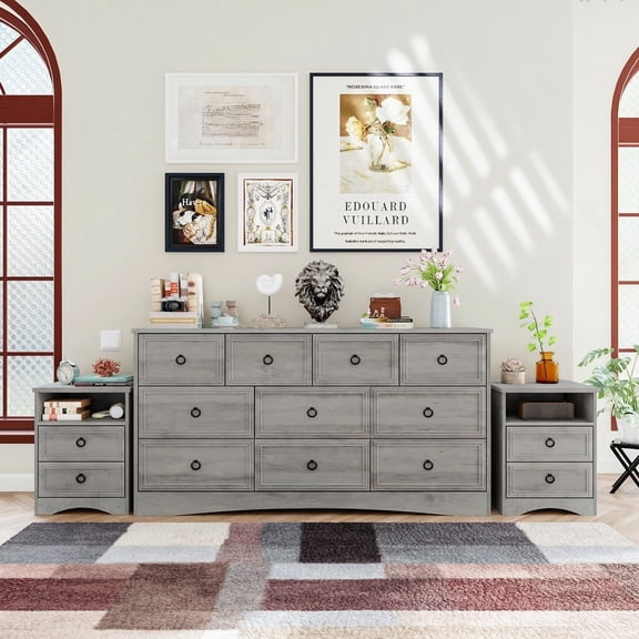 Holliwill Dresser Nightstands Set, 10 Drawers Dresser and 2pcs Bedside Table for Bedroom, Grey