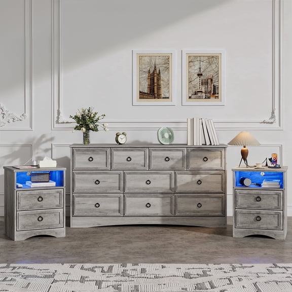 Holliwill Dresser Nightstands Set, 10 Drawers Dresser and 2pcs Bedside Table with Charging Station & LED for Bedroom, Grey
