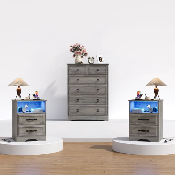 Holliwill Dresser Nightstands Set, 3 Pieces Bedroom Furniture Set, Tall 6 Drawer Dresser and 2pcs Bedside Table with LED & Outlets, Grey