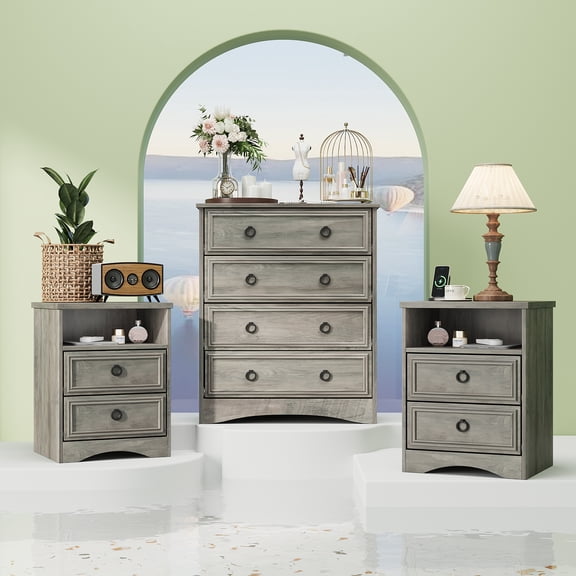Holliwill Dresser Nightstands Set, 4 Drawers Dresser and 2pcs Bedside Table for Bedroom, Grey